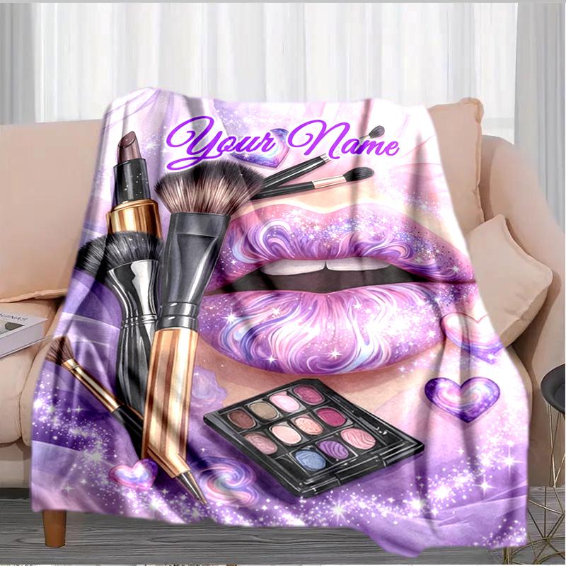1PC Custom Name Lip Art Makeup Fantasy Outdooor Flannel Blankets Throw Blanket All-Season Throw Gift Bedspread for Couch, Bed, Camping Holiday Birthda