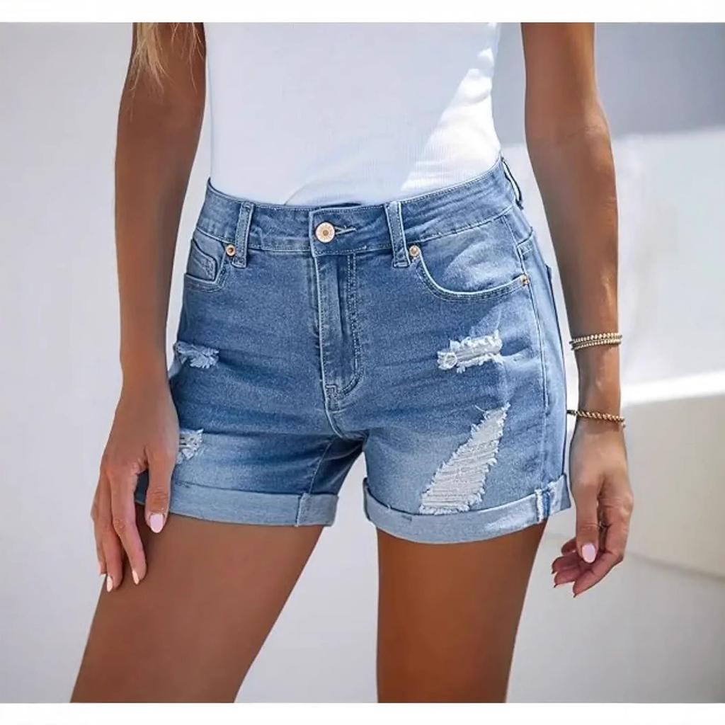 Women's High Waist Ripped Denim Shorts Distressed Rolled Hem Summer Casual Jean Shorts