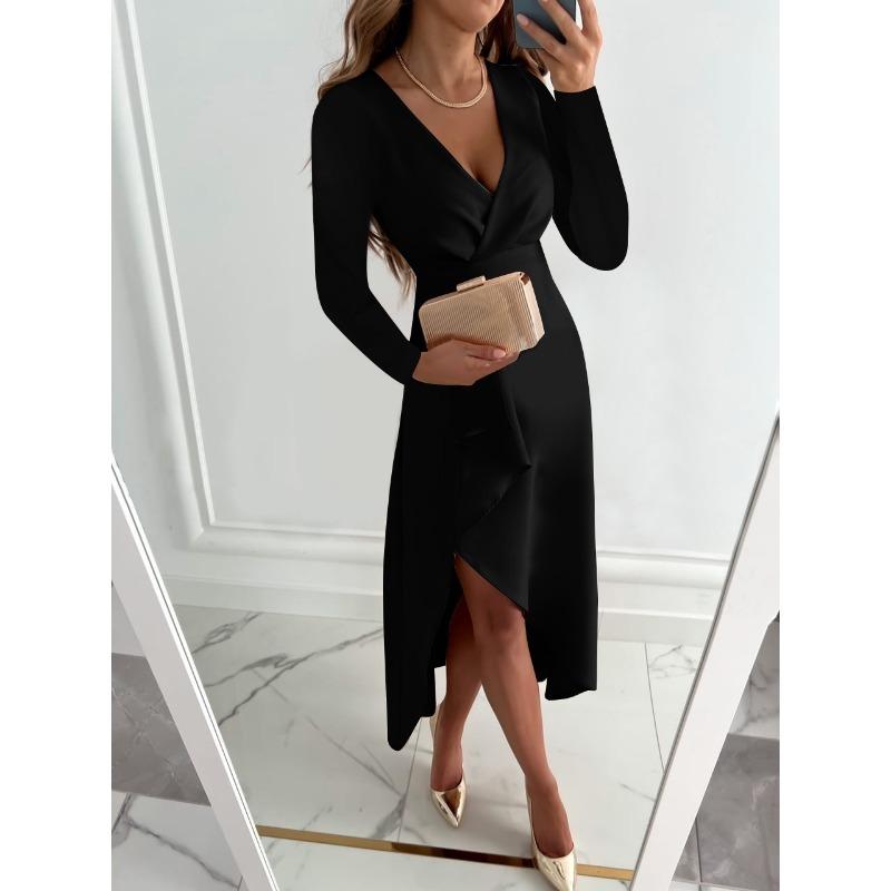 Women Autumn Winter Long Sleeve V Neck Irregular Slit Long Dress