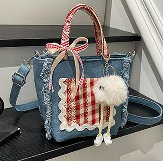 Korean Style Plaid Lace Bucket Handbag - Cute Bow Crossbody
