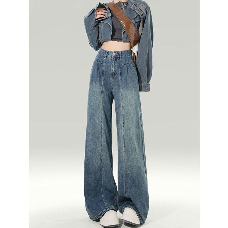 Retro Wide-Leg High Waist Drapey Denim Pants for Women - Plus Size, Slimming, Comfortable & Versatile. S