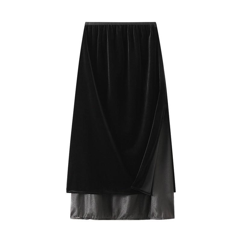 Qooth Women Velvet Split Splicing Skirt Mid Length Elastic Waist Casual Skirt QT2733