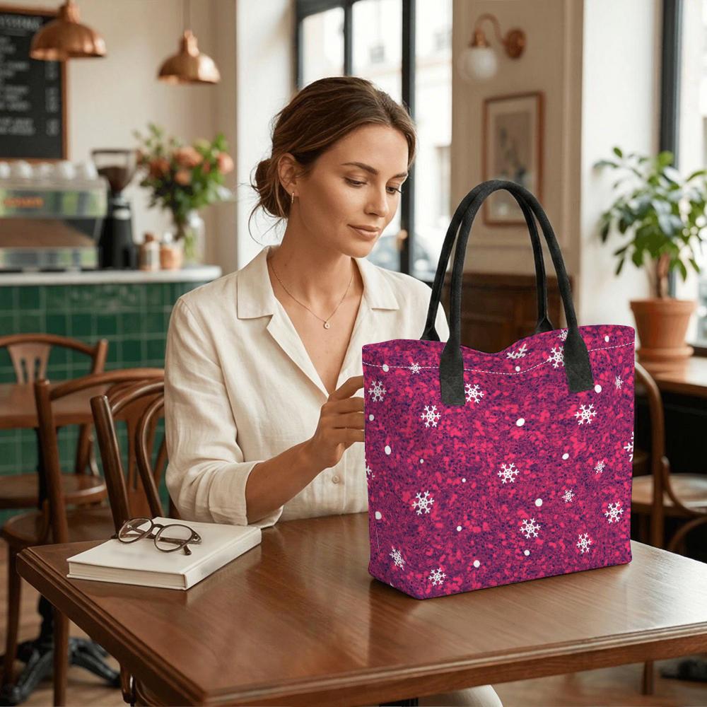 Pink Snowflake Print Tote Bag Casual Large Capacity Shoulder Handbag for Daily Use