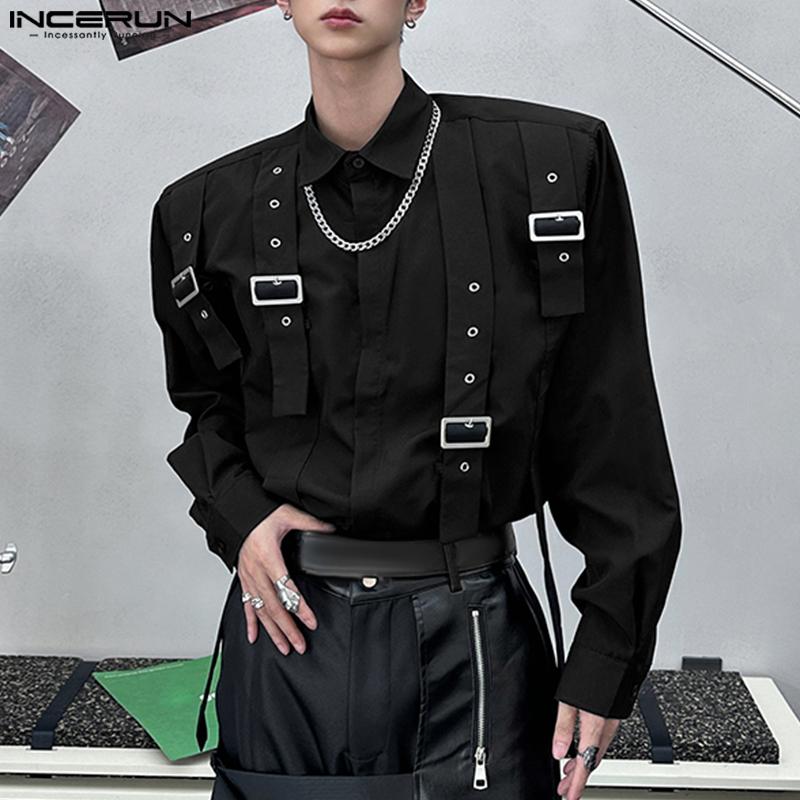 INCERUN Oversized Men Lapel Neck Long Sleeve Buttons Shirts Ribbon Patchwork Tops
