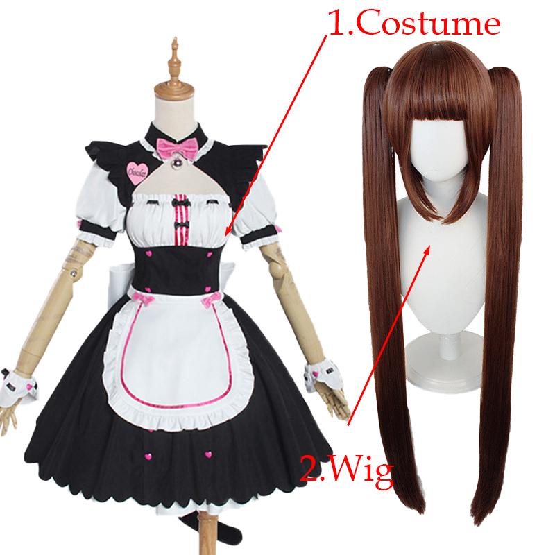 NEKOPARA Cosplay Chocola Vanilla Cosplay Dienstmädchenkleid Damen Mädchen Komplettset Süßes Lolita Halloween Party Outfits mit Perücke
