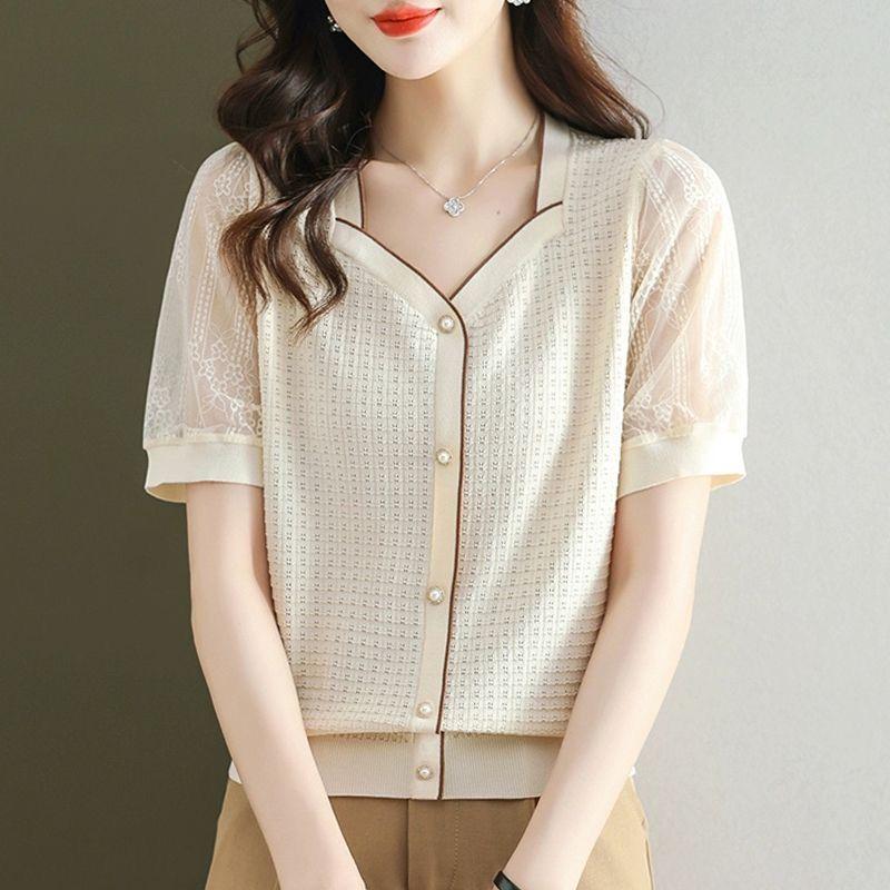 

Летние Новые Женские Футболки Корейская Мода Однотонный V-образный Вырез Кружево Ажурный Пуговица Ледяной Шелк Тонкий С Коротким Рукавом Пуловеры Вязаные Топы L бежевый