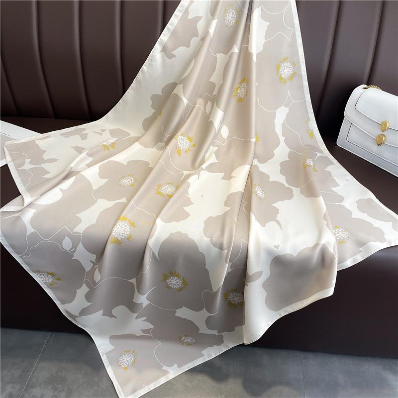 New Silk Scarf Flower Color Matching Scarf Twill Silk Square Scarf 90cm Travel Sunscreen Shawl Headscarf Female
