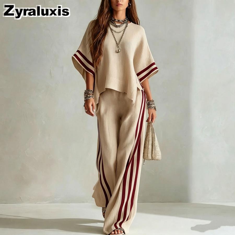 Summer New Women's Striped Patchwork Irregular Hem Casual Wide Leg Pants Two Piece Set