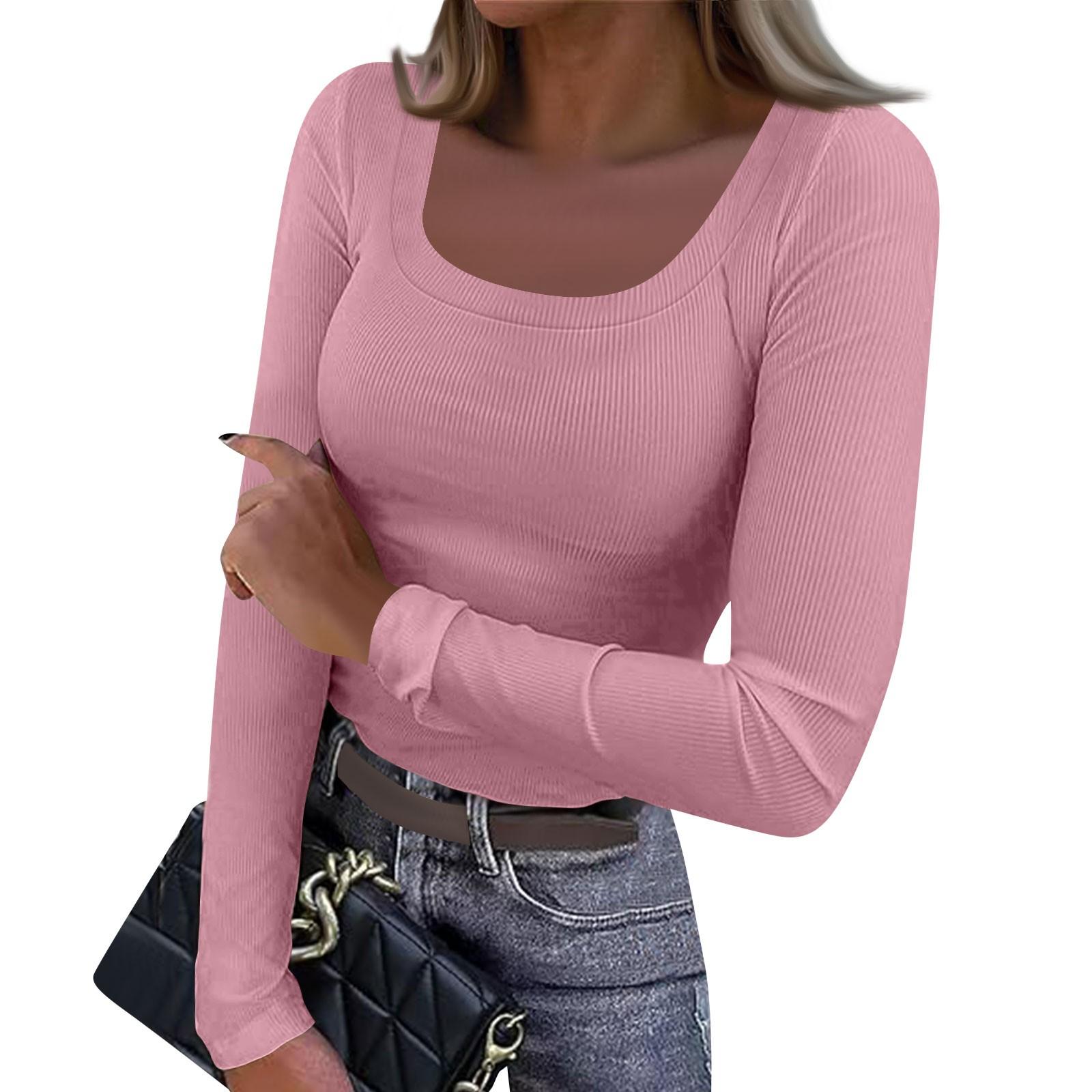 

Women s And Winter Slim Bottom T-shirt Fashion Casual Color Square Neck Pullover Long Sleeve Top XXL рожевий