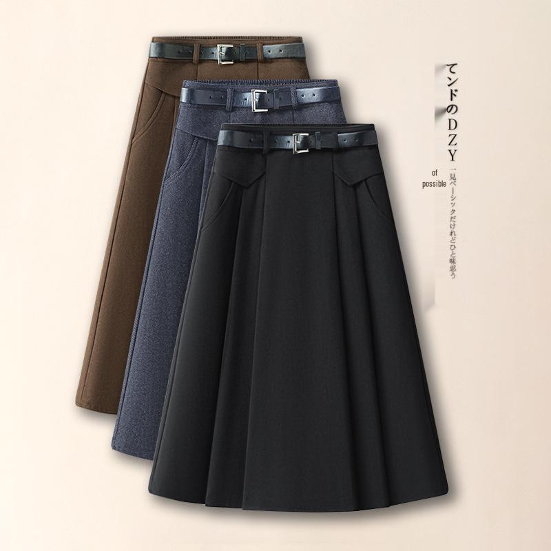 Elegant Coffee Woolen Pleated A-line Midi Skirt for Women - 2026 Spring/Autumn Fashion