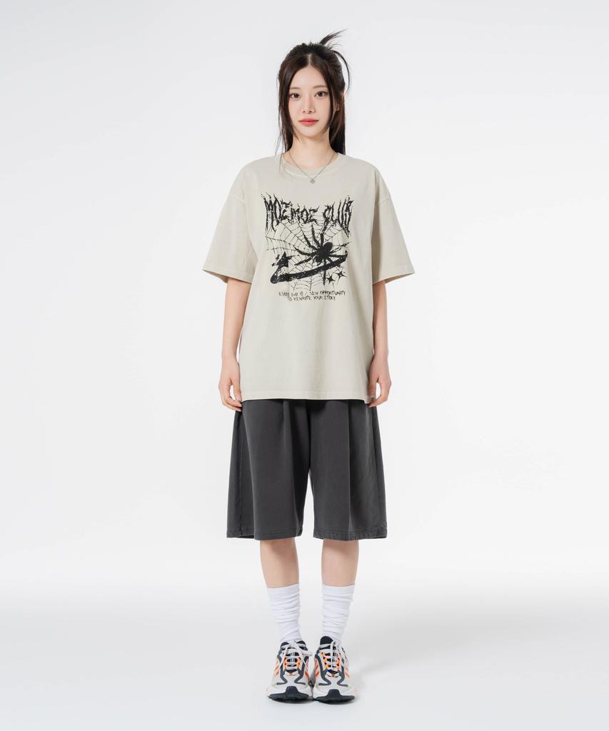 MOZMOZ [Set] Spider Pigment Short Sleeve + Pigment Wide Single-Pleat Shorts Set-Up