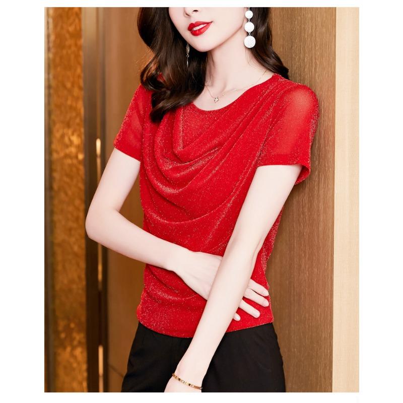Summer New Fashion Versatile Swing Collar Bright Silk Short-sleeved Mesh Slim Fit T-shirt for Women