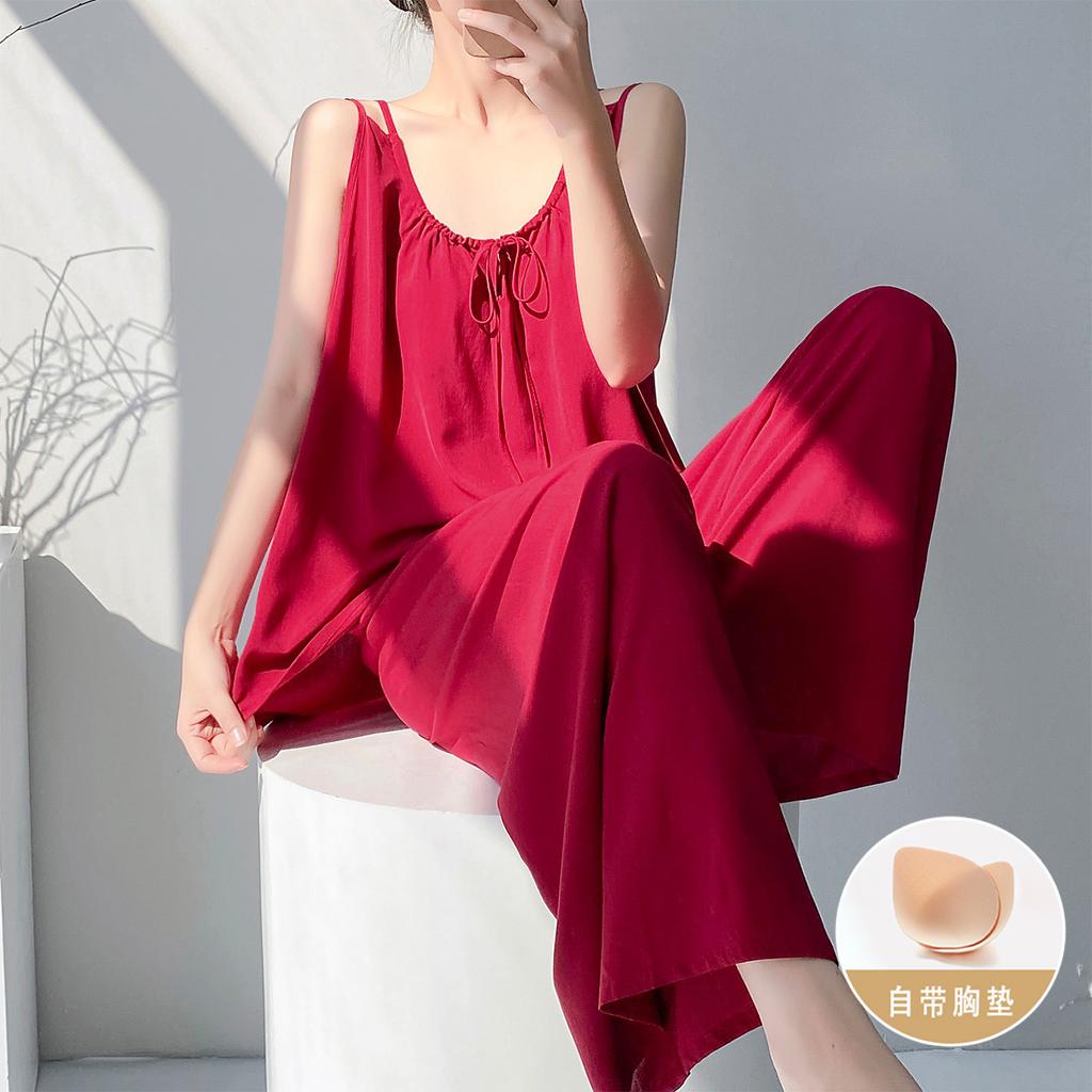 Cotton silk suspender trousers pajamas two-piece set with chest pad book artificial cotton women's suit summer solid color loungewear