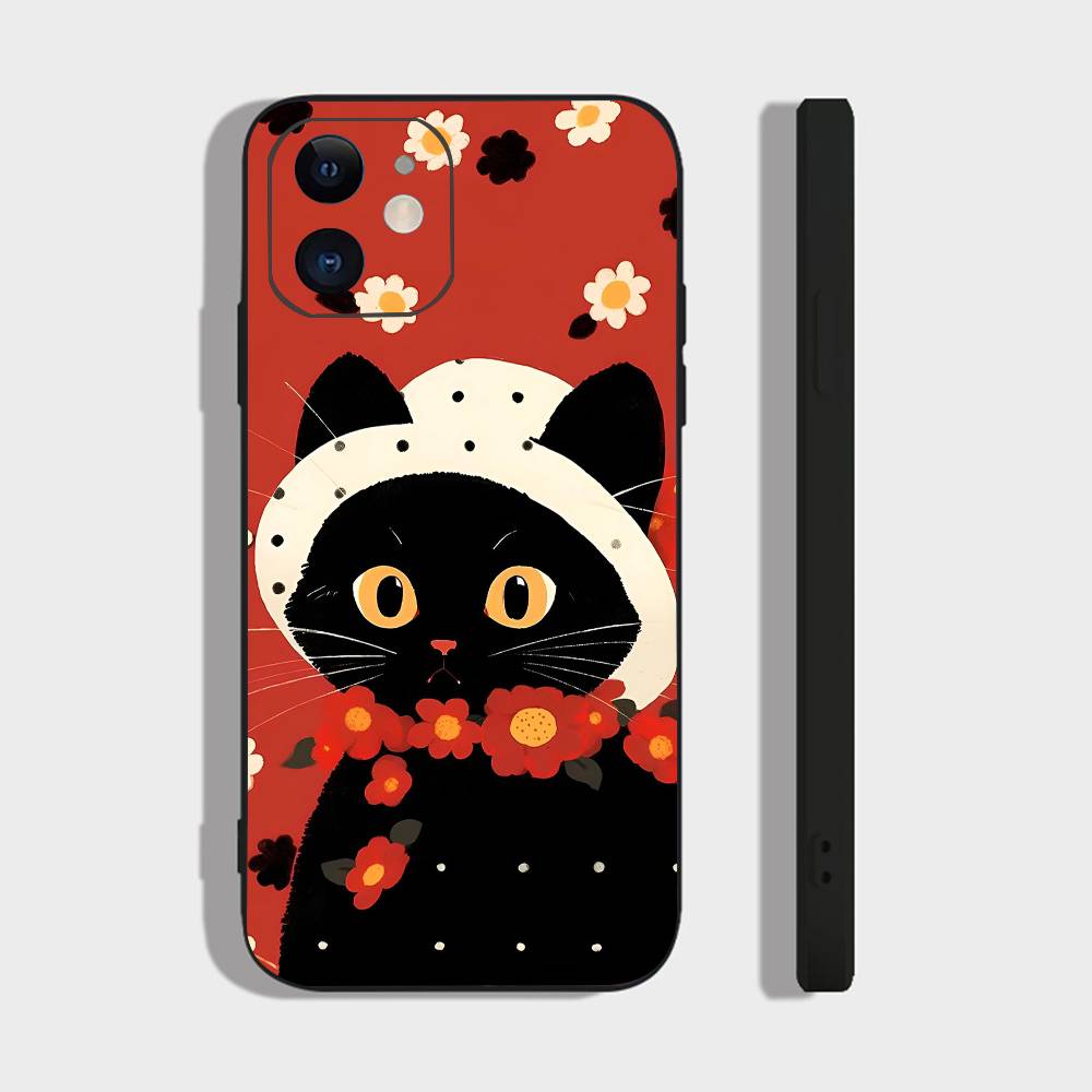 Cute Black Cat For IPhone 15 16 14 Plus 13 12 11 17 Pro Max 17 Air Black Soft Phone Cover