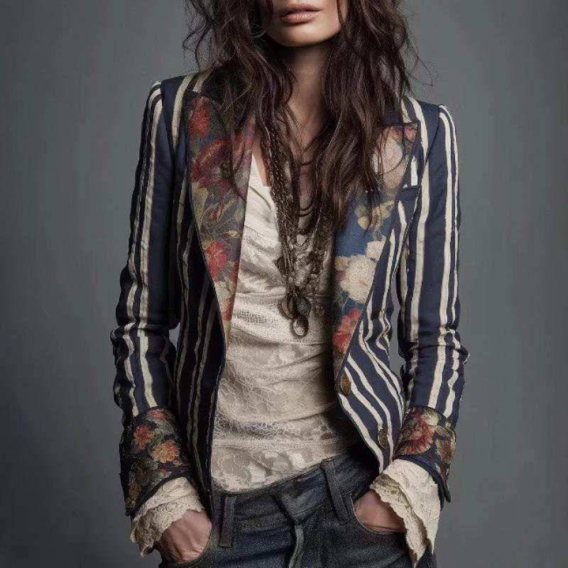 Damen Umlegekragen Langarm Blazer Schmale Passform Böhmisch Gestreift Floralprint Einreihig Knopf Vintage Lässig Büro Jacke Mantel
