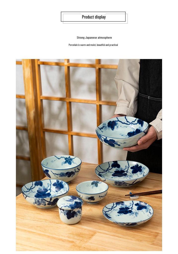 Indigo-Dyed Mino Ware Ceramic Grape Bowl & Plate Set
