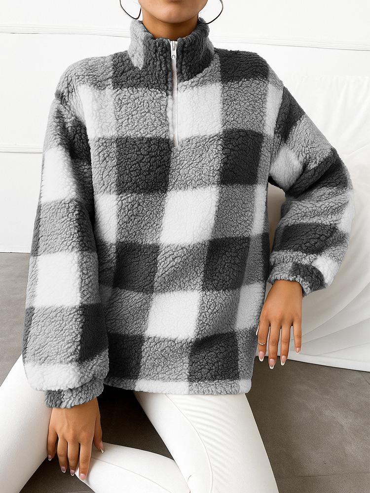 2025 New Women's Casual Stand Collar Zipper Long Sleeve Pullover Multi-color Plush Sweatshirt