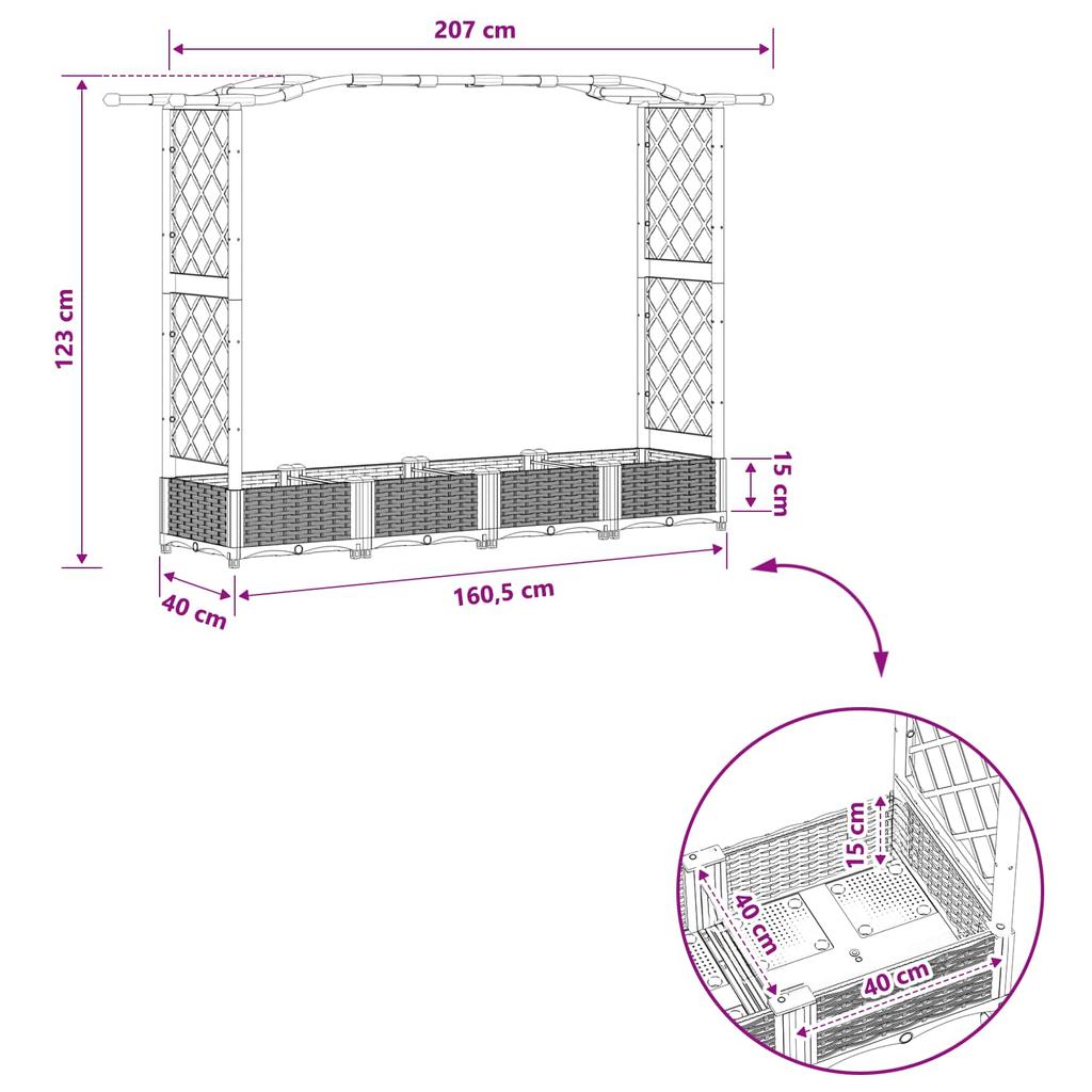 Elevated Planter with Trellis and Hanging Roof Brown 207 x 40 x 126 cm PP