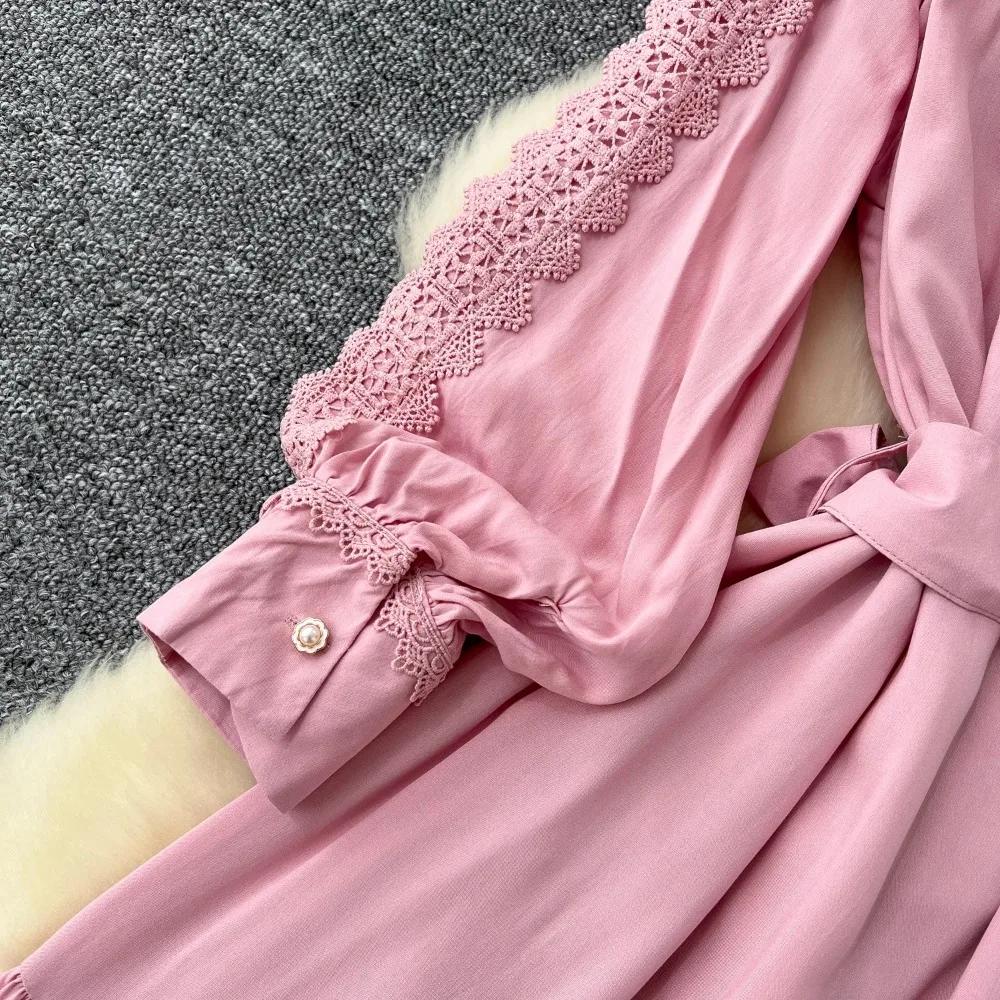 Bata Vintage para Mujer Cuello Vuelto Manga Linterna Vestido Encaje Vendaje Lazo Ajustado Gran Vuelo Vestidos Maxi Elegante Vestido Mujer