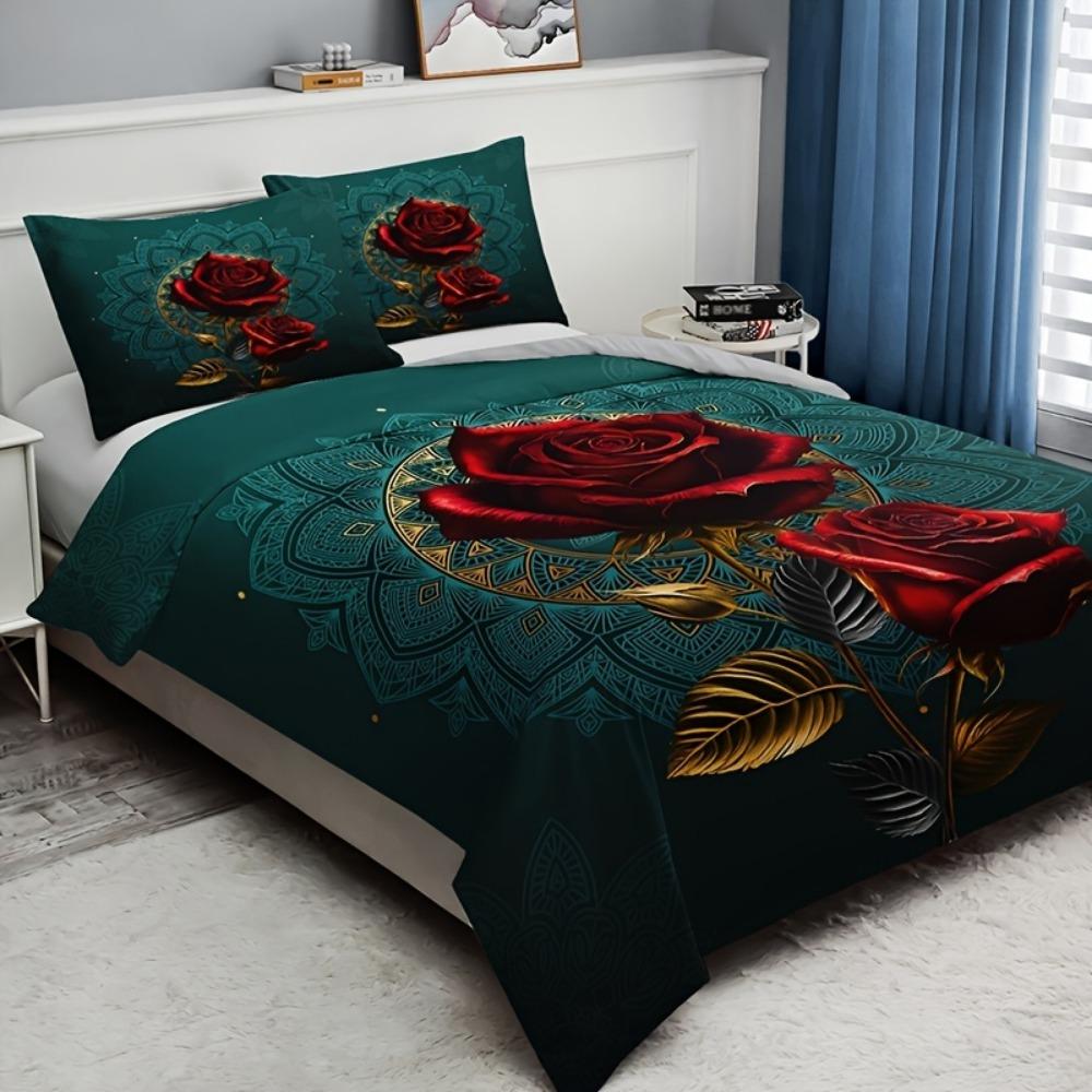 3pcs Bedding Set Red Rose Bohemia Flora Print Cozy Duvet Cover Set King Queen Twin Single Size Birthday Gift Adult Bedroom Decor