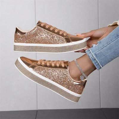 Pailletten Rosa Leder Sport Schuhe Glitter Slip Auf Casual Sneakers Frauen 2024 Frühling Herbst Bequeme Schnürung Flache Sneakers