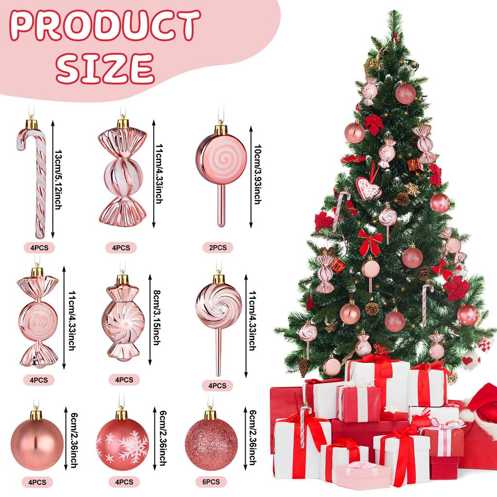 36 Pcs Christmas Candy Cane Ornament Christmas Tree Hanging Decorations With Rope Shatterproof Tree Ornament (Rose Gold)