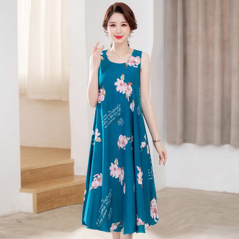 Sleeveless Silk Cotton Dress for Middle-Aged Mothers - Slim Fit, Large Size, Beach Dress for Summer