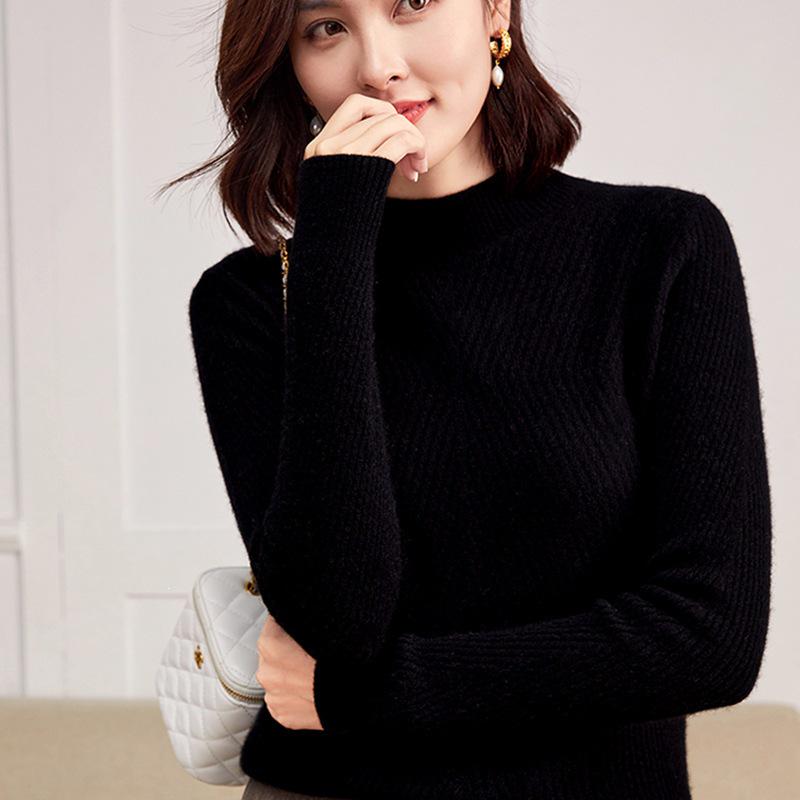 Women's Slimming Korean Style Cashmere Sweater - Autumn/Winter, Half-High Collar, Striped Solid Color, Versatile Base Layer