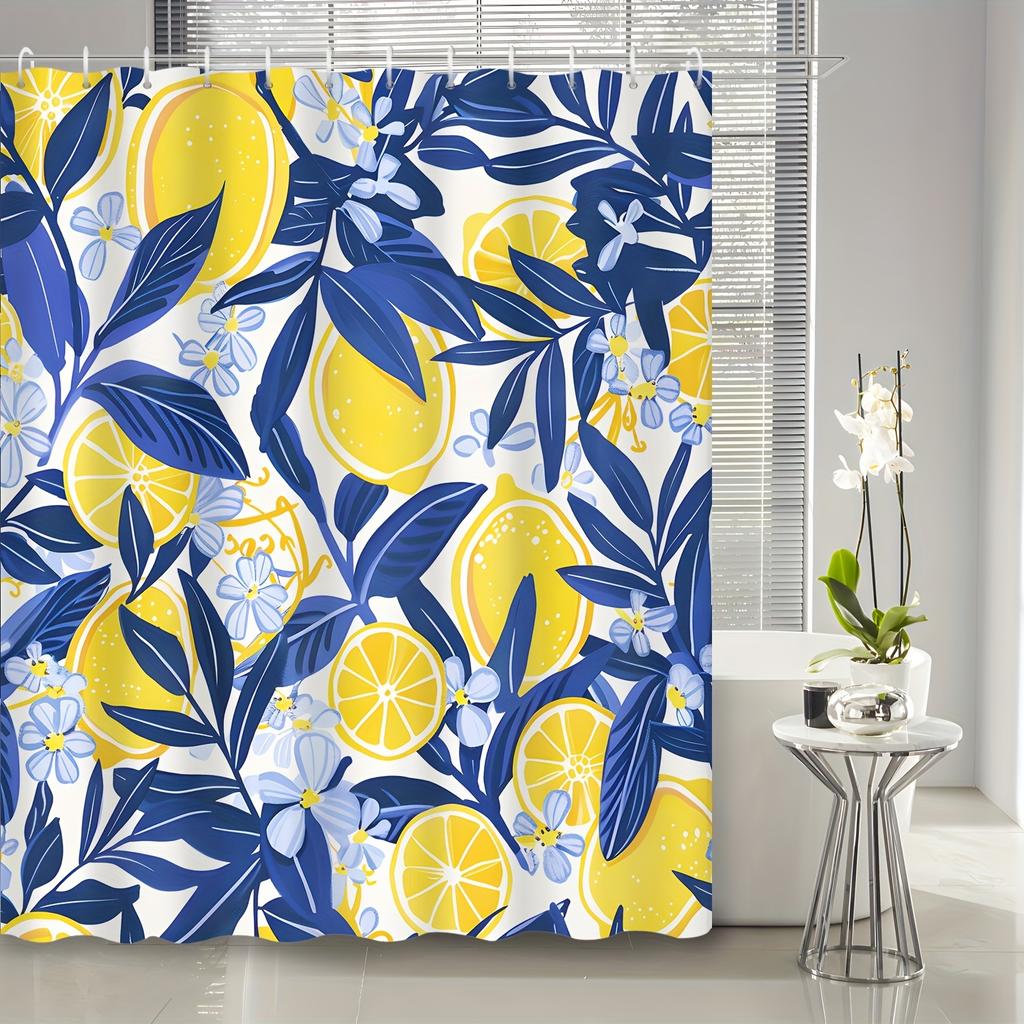 A Citrus Bliss Shower Curtain: Brighten Up Your Bathroom with This Vibrant Design Featuring Juicy Lemons, Deep Blue Leaves