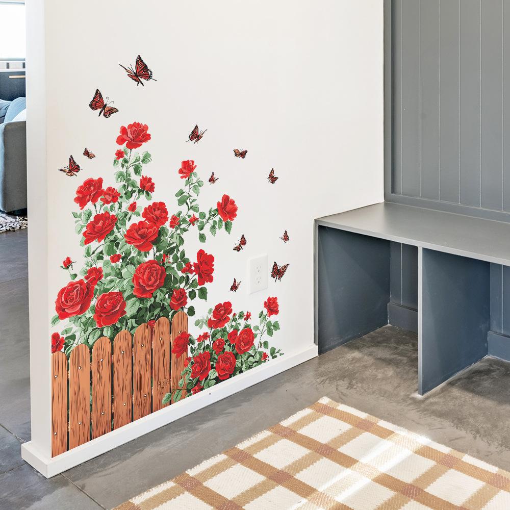Rozenbloembedhek en Fladderende Vlinder Huis Muurdecoratie Stickers