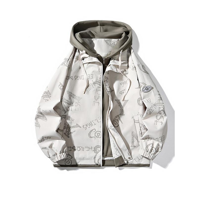 Hong Kong style spring hooded loose casual zipper fake two-piece fashionable men's large size jacket