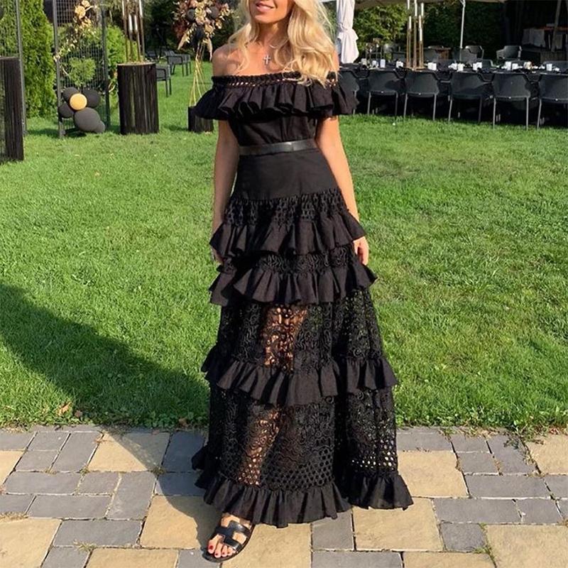 Cross-border Summer New European and American Foreign Trade Women's Dress Flounce Hollowed-out Lace Dress