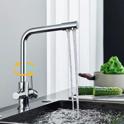 Chrom/gebürstete Küchenarmatur, Doppelgriff, heißes und kaltes Trinkwasser, Drei-Wege-Filter-Reinwasser-Mischarmatur