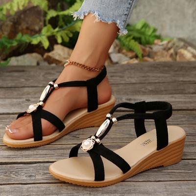 Sandálias Boho Chic de Verão para Mulheres, Salto Anabela Peep Toe com Contas, Sapatos Rasteiros com Tira Elástica para Praia e Concertos