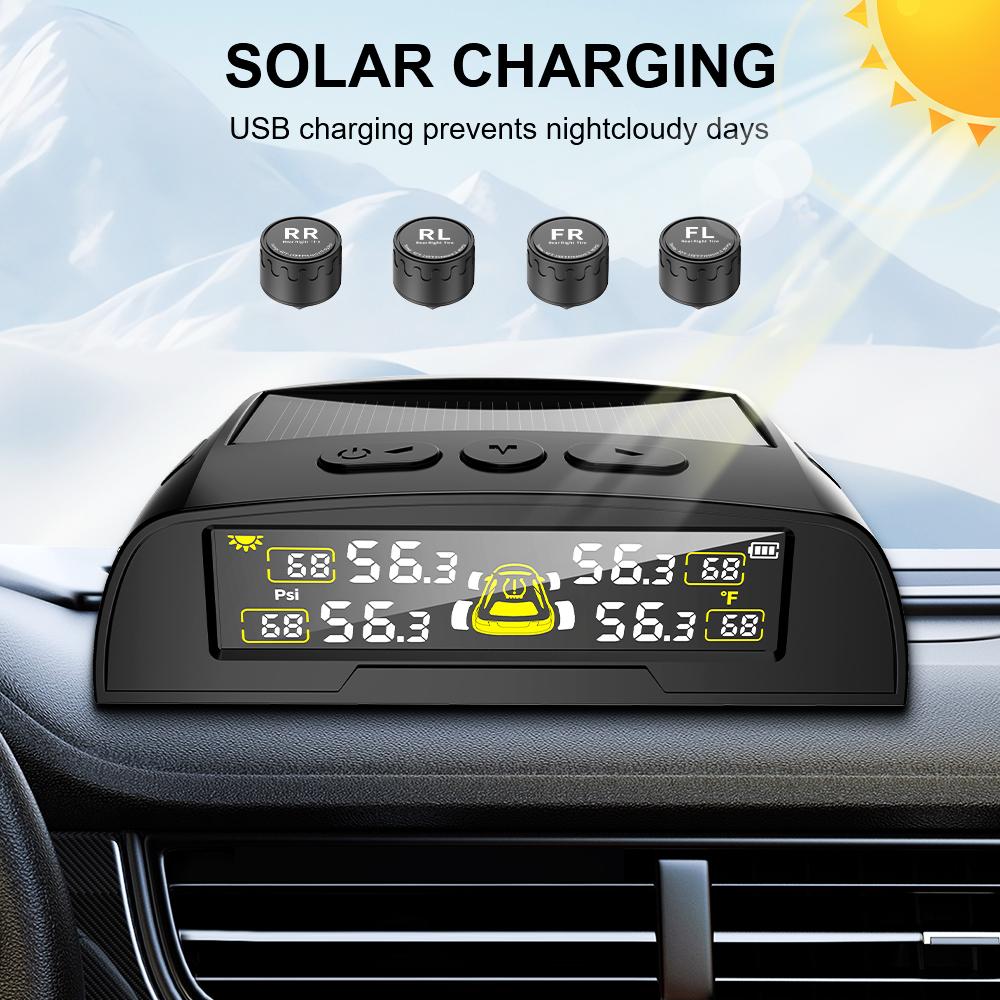 4 Externa Sensorer Universell USB / Solcellsdriven TPMS Däcktemperaturövervakare Digital Display 0-6.8Bar Bil Däcktrycksövervakningssystem
