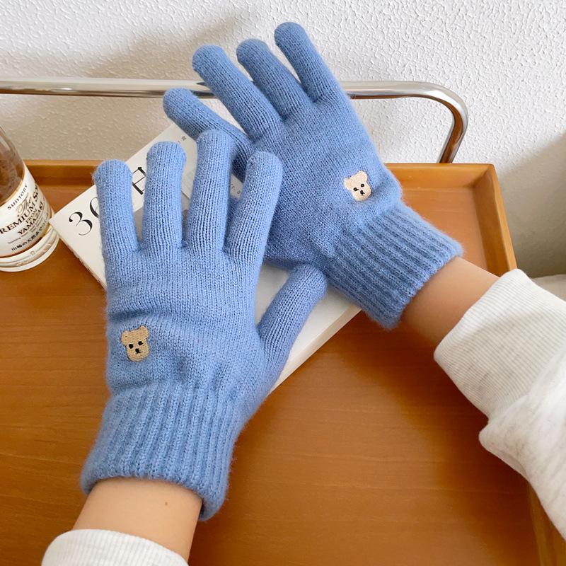Bear knitted wool gloves winter warm touch screen cute solid color embroidery split finger opening leak finger tide