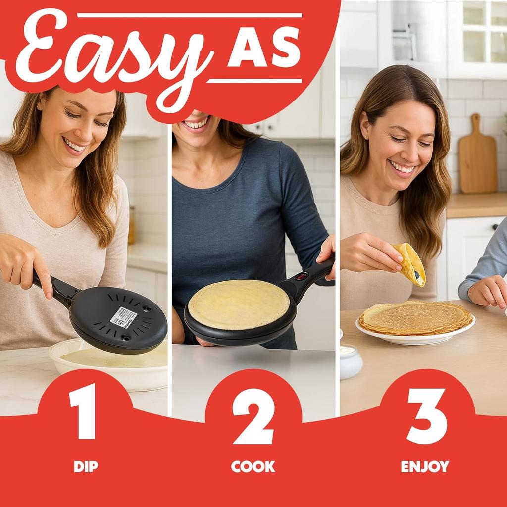 Electric Crepe Maker – Nonstick Ceramic Surface, One-Touch Operation, Includes Batter Tray, Compact & Easy to Clean,