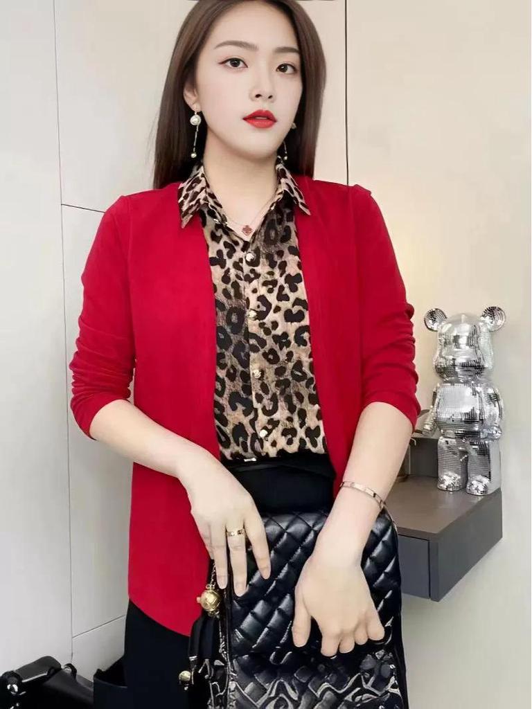 2024 Frühling Petite Leopardenmuster Zweiteiler Bluse für Damen