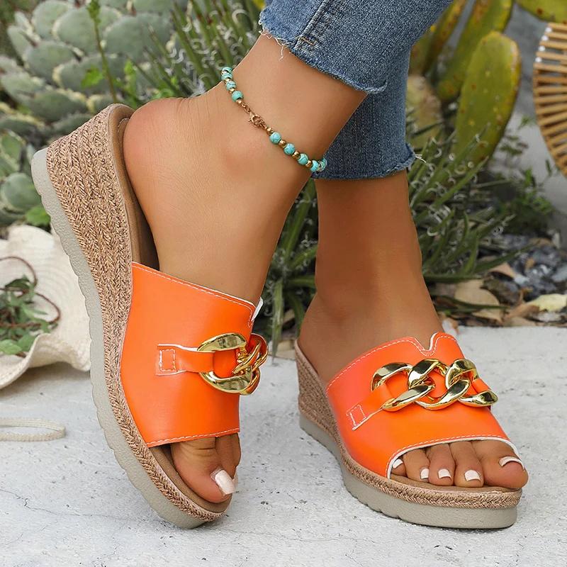 Fashion Fashion Chain Decor Wedge Heel Slippers for Women 2025 Summer Comfort Non Slip Beach Sandals Woman PU Leather Platform Slippers