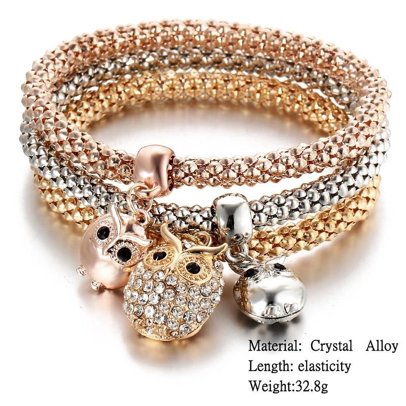 3 Pcs/Set Crystal Owl Crown Charm Bracelets&Bangles 3 Color Rose Gold Color Elephant Anchor Pendants