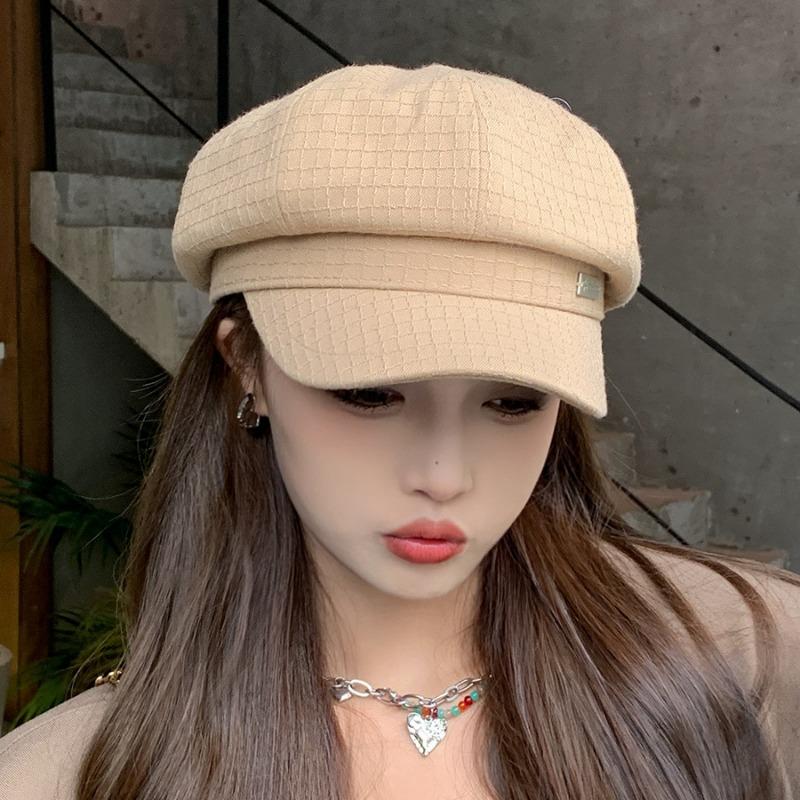 Ins versiunea coreeană pălărie octogonală texturată grilă toamnă iarnă beretă metalică cu logo artistică casual simplă pălărie știri
