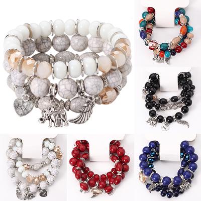 Bracciale con gemma colorata elefante con perline ali d'amore Boho 3 pezzi/set braccialetto marmorizzato elastico alto
