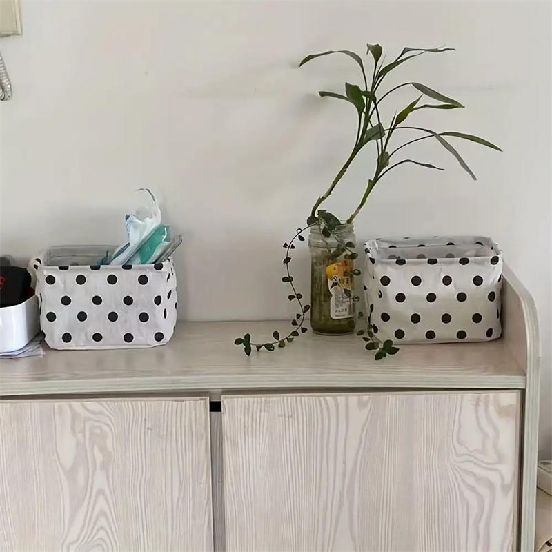 1Pc Black White Polka Storage Basket with Handle Modern Open-Top Tote Bag Durable Fabric Desktop Organizer Box for School Office