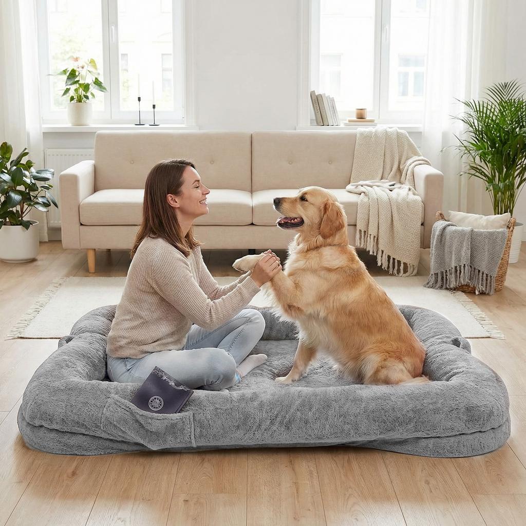 Portable Human Dog Bed Washable Large Size Non Slip Bottom Comfortable Plush Giant Size Dog Bed with Blanket and Pocket for Home