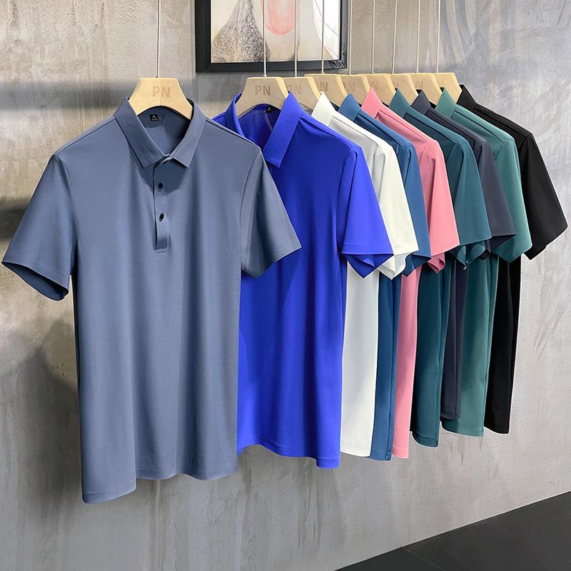 Camisa Polo de Seda Helada para Hombre de Negocios Casual de Verano Sin Costuras Alta Elasticidad Sin Planchado Fina de Manga Corta con Cuello Camisero Manga Corta
