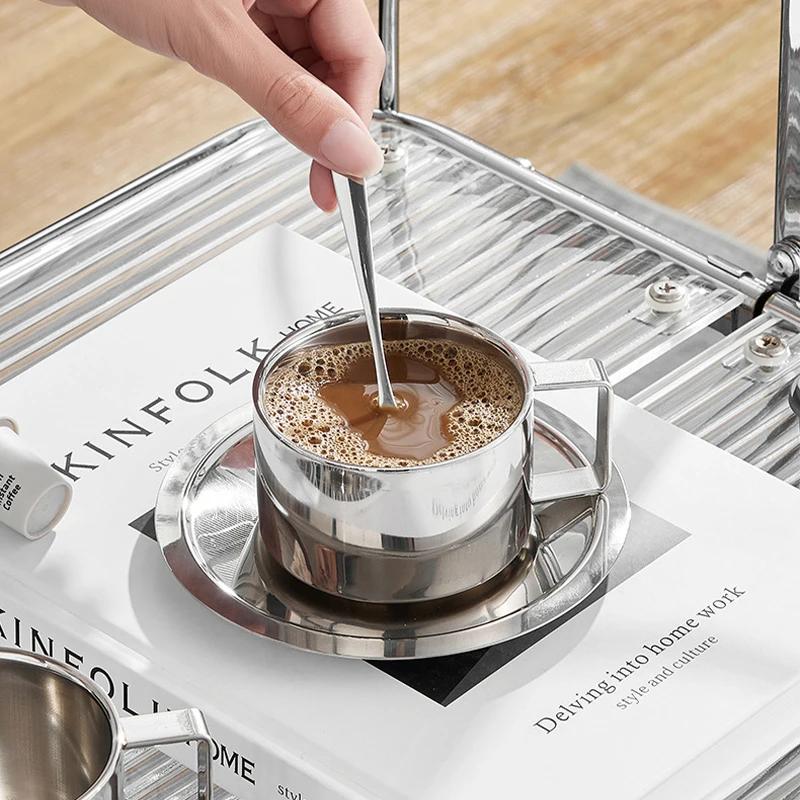 Elegantní šálek na kávu s podšálkem a lžičkou, nerezová ocel 304, šálek na espresso, hrnek na mléko, cappuccino na odpolední čaj, kempování, kavárna