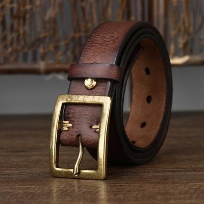 Unisex Belt Leather Pin Buckle First Layer Pure Cattlehide Vintage Distressed Pleated Jeans Belt
