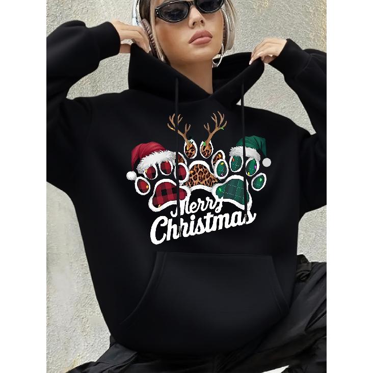Women's New Autumn/Winter Christmas Footprint Print Fleece-Lined Drawstring Hoodie, Casual & Fashionable