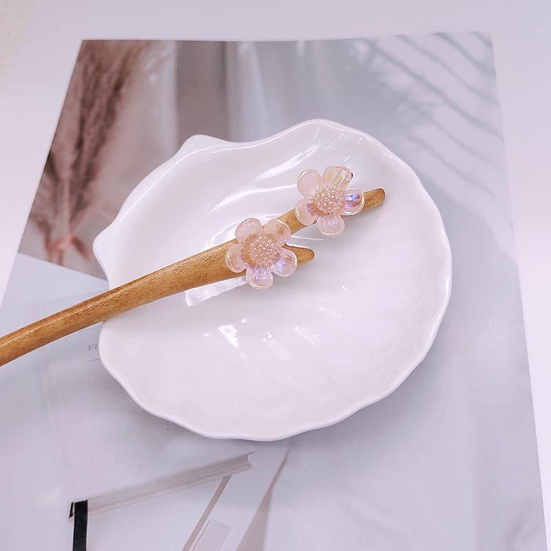 Pink Peach Blossom Hair Stick Women Girl Chinese Style Elegant Hairpin Simple Wood Hair Fork Vintage Headwear Hair Accessories