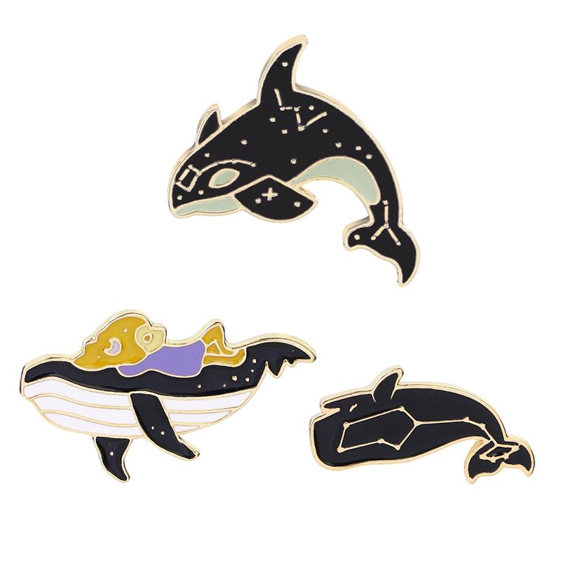 3 Styles Funny Galaxy Pattern Humpback Whale Enamel Brooches Marine Animals Shaped Golden Pins